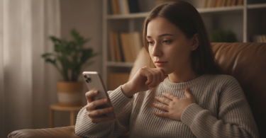 Une personne pensive regarde son téléphone dans un endroit calme, entre espoir et vulnérabilité.