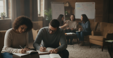 Un groupe de personnes dans un atelier de développement personnel, écrivant et échangeant de manière bienveillante.