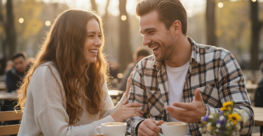 Un jeune couple rit ensemble lors d'un rendez-vous décontracté, partageant un moment de complicité amoureuse.