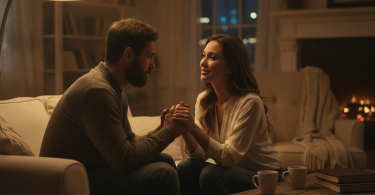Un couple assis dans un salon, se tenant les mains et ayant une conversation sérieuse et pleine d'espoir.