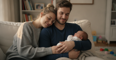 Un jeune couple assis sur un canapé, se serrant tendrement et souriant malgré la fatigue de jeunes parents.