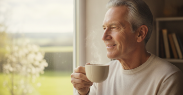 Une personne mûre sourit sereinement à la fenêtre, une tasse de thé chaud à la main, exprimant un sentiment de soulagement.