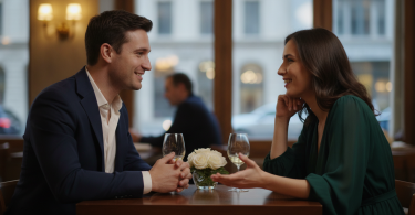 Un homme moderne discute avec assurance et respect avec une femme lors d'un rendez-vous, partageant une connexion sincère.