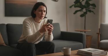 Une personne regarde pensivement son téléphone dans un salon moderne, entre curiosité et distance émotionnelle.