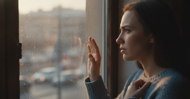 Une personne pensive regarde par la fenêtre avec un mélange d'espoir, d'hésitation et un désir de connexion.