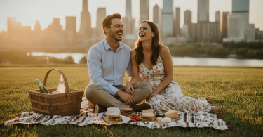 Un couple moderne profite d'un pique-nique dans un parc avec vue sur la ville, partageant un rire complice.