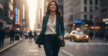 Une femme confiante et rayonnante marche dans une rue animée, souriant magnifiquement et l'air indépendante.