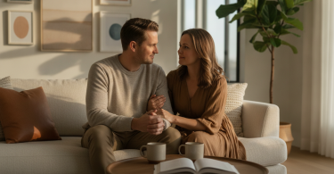 Un couple assis sur un canapé dans un salon moderne discute calmement avec maturité et compréhension.