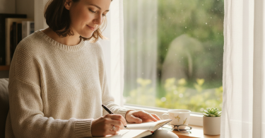 Une personne pleine d'espoir écrit dans son journal intime près d'une fenêtre lumineuse.