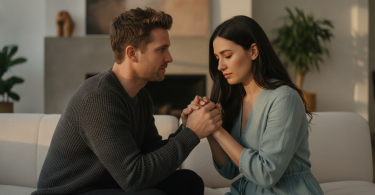 Un couple assis sur un canapé dans un salon moderne, tenant délicatement leurs mains lors d'une conversation sincère.