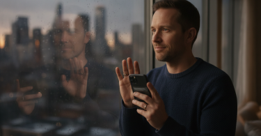Un homme pensif tenant un téléphone regarde par la fenêtre, espérant se réconcilier avec sa femme.