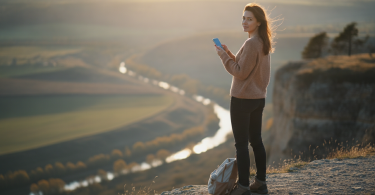 Une personne réfléchie se tient à distance et regarde son téléphone avec un air calme et confiant.