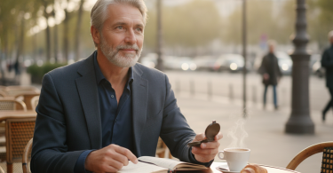 Un homme mûr assis pensivement à la terrasse d'un café attend plein d'espoir de renouer avec sa partenaire.
