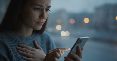 Une personne pleine d'espoir réfléchit en regardant son téléphone, exprimant le désir d'un nouveau départ.