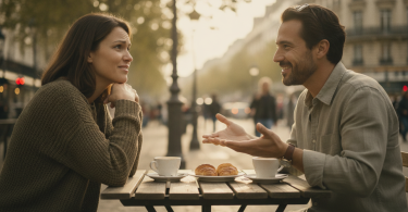 Une femme pensive et son ex-petit ami discutent joyeusement à la terrasse d'un café, complices.