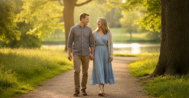 Un couple plein d'espoir marche côte à côte dans un parc paisible, souriant et discutant avec complicité.