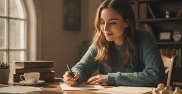 Une personne pleine d'espoir écrit une lettre sincère à la main, assise à un bureau en bois près d'une fenêtre.