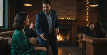 Un homme aborde avec assurance et respect une femme en souriant dans un cadre social chaleureux.