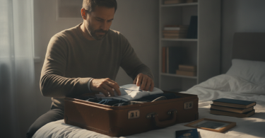 Un homme pensif fait sa valise dans une chambre, reflétant un moment de transition et d'émotion.