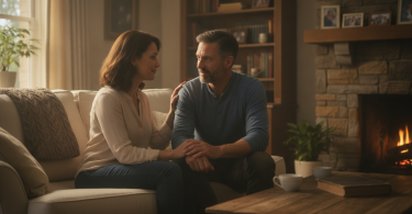 Un couple discute calmement dans un salon chaleureux, se réconciliant doucement après une séparation.