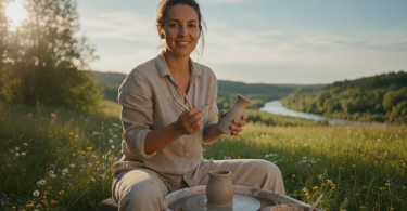 Une femme pensive sourit avec assurance en pratiquant un nouveau loisir en plein air, rayonnante de bonheur.