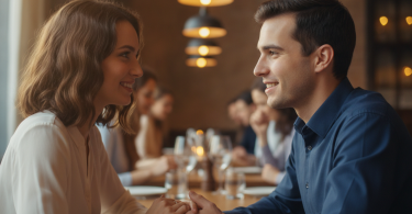 Un jeune homme et une femme en rendez-vous amoureux se regardent intensément dans les yeux en souriant.