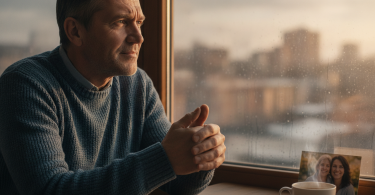 Un homme mûr et optimiste regarde par la fenêtre, réfléchissant à un nouveau départ avec sa partenaire.