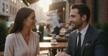 Un homme bien habillé discute chaleureusement avec une jolie femme dans un lieu public, avec un intérêt mutuel.