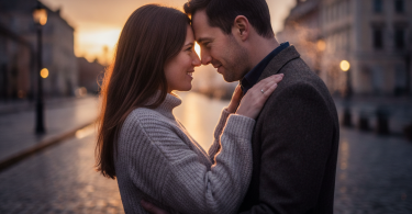 Un couple se promène en fin de soirée, se rapproche tendrement et se regarde intensément dans les yeux.