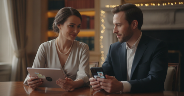 Un homme et une femme souriants échangent un moment de complicité en ligne dans un cadre élégant.