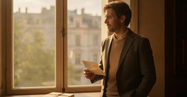 Un homme pensif regarde par la fenêtre avec espoir, une lettre à la main, prêt à renouer avec sa partenaire.