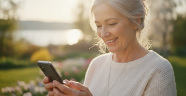 Une femme mûre sourit en écrivant un message attentionné sur son téléphone, avec espoir.