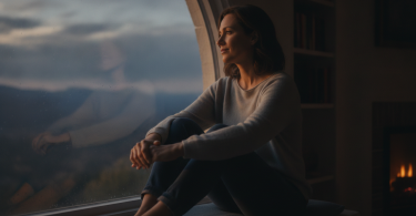 Une personne pensive assise seule regarde par la fenêtre, sereine et libérée de son anxiété.
