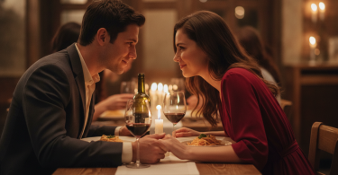 Un homme et une femme partagent un dîner romantique et chaleureux, se souriant avec une profonde affection.