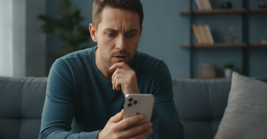 Une personne pensive regarde son smartphone avec surprise et contemplation dans un appartement moderne.