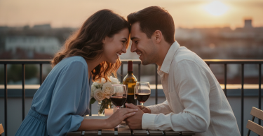Un jeune couple séduisant lors d'un rendez-vous romantique, discutant en souriant et se regardant dans les yeux.