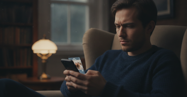 Une personne assise dans une pièce sombre, hésitant avec nostalgie avant d'envoyer un message sur son smartphone.
