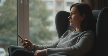 Une personne pensive assise seule près d'une fenêtre regarde dehors calmement, un téléphone à la main sans le regarder.