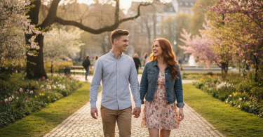 Un jeune homme et une femme marchent ensemble dans un beau parc lors d'un premier rendez-vous, souriants et complices.