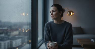 Une personne seule dans un appartement moderne regarde par une fenêtre pluvieuse avec un air de calme confiance.