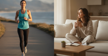 Une personne sereine et indépendante fait du jogging en extérieur après une rupture amoureuse.