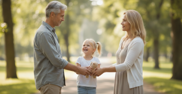Un couple divorcé et mûr se transmet calmement leur enfant en souriant, illustrant une coparentalité sereine.