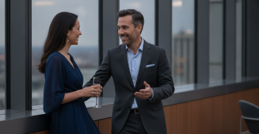Un homme élégant et confiant discute chaleureusement avec une femme dans un cadre moderne, avec un sourire sincère.