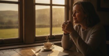 Une personne pensive regarde par la fenêtre entre espoir et contemplation, une lettre manuscrite posée sur une table.