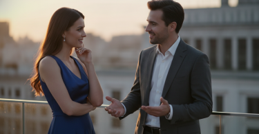 Un homme séduisant discute avec confiance et respect avec une belle femme, partageant un échange naturel.