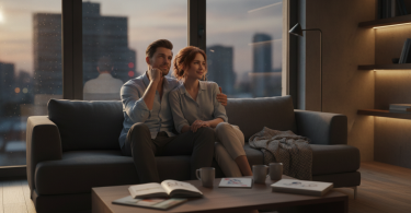 Un couple pensif assis dans un appartement moderne, regardant par la fenêtre avec espoir.