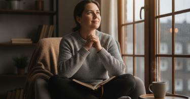 Une personne pensive assise seule près d'une fenêtre, calme et pleine d'espoir pour l'avenir.