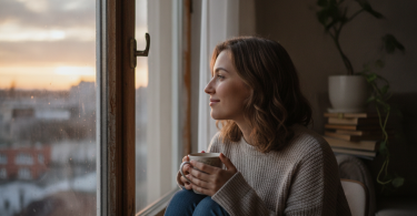 Une personne pensive assise seule près d'une fenêtre, regardant dehors avec un sentiment de renouveau.