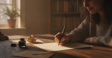 Une personne écrivant pensivement une lettre à la main sur un bureau en bois, exprimant l'introspection et l'espoir.