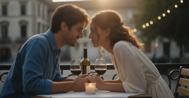 Un jeune couple amoureux échange un sourire et un regard tendre, sur le point de s'embrasser.